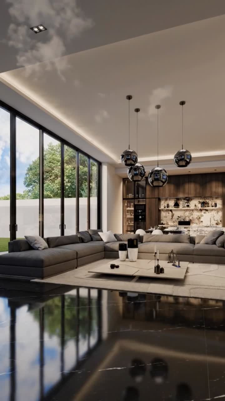 Rendered living room with floor-to-ceiling glazing and a polished black stone floor